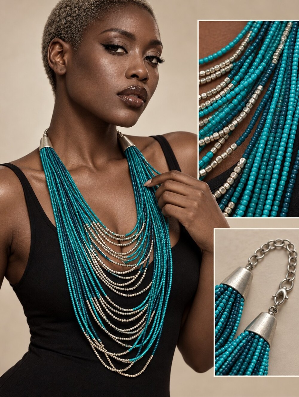 Multi-Strand Teal and Silver Beaded Statement Necklace